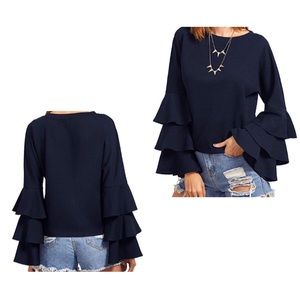 Women Ruffled Navy Long Sleeve Fashion Blouse